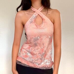 Y2K Pink Floral Lace Sequin Tank Top